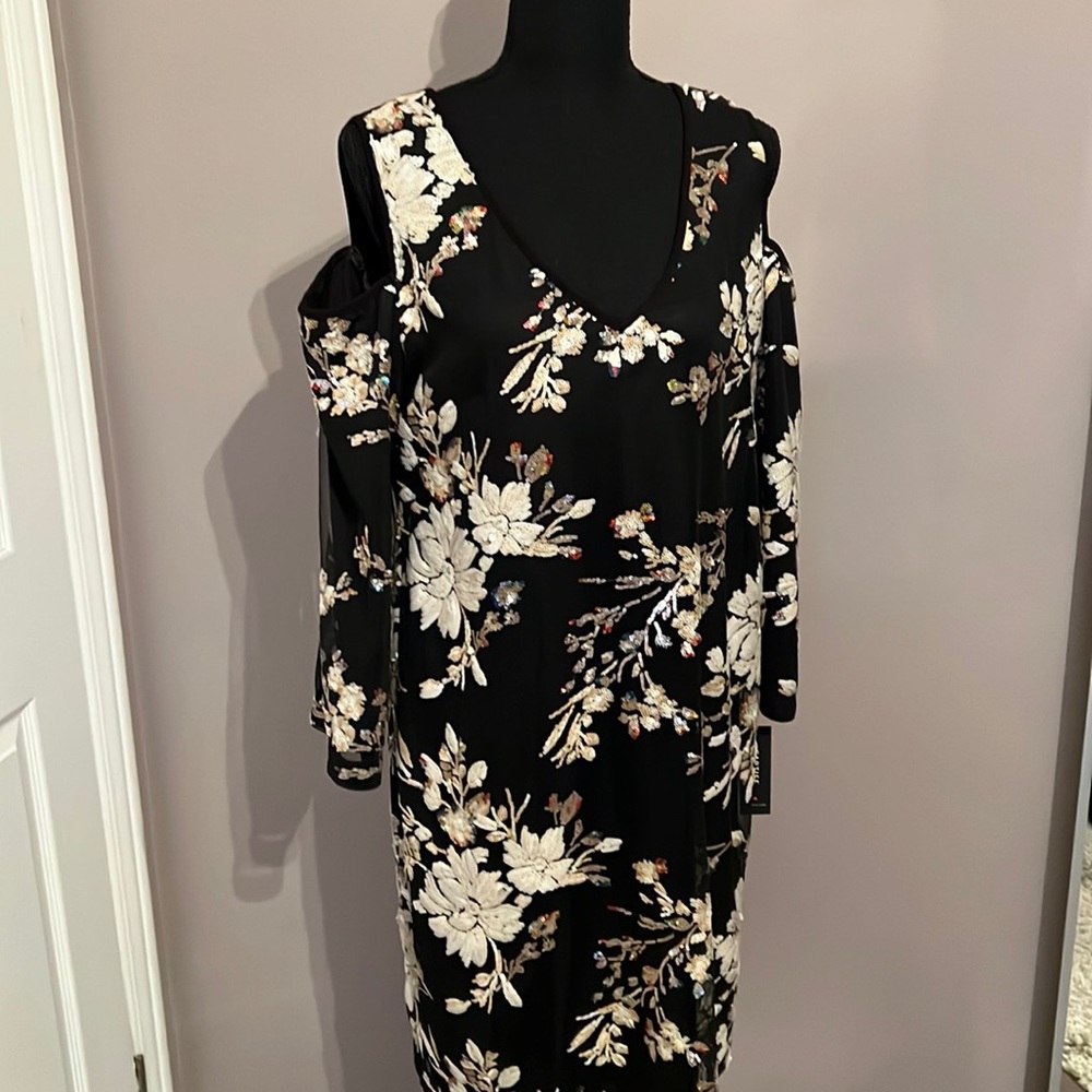 NWT Cocktail dress, black with floral sequin pattern. Sz 12